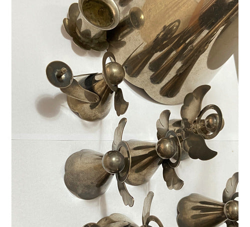 Conjunto Suporte Porta Vela antigo Anjos Banho Prata E Cobre