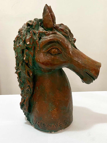 Escultura Antiga Cabeça De Cavalo Em Cerâmica Assinada 1998