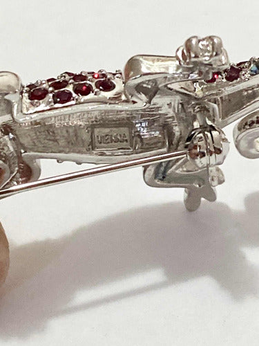 Broche Antigo Lagarto Prata Com Cristais Vermelhos Vienna