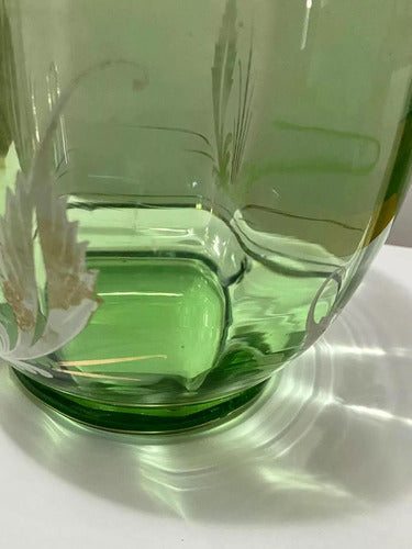 Vaso Antigo De Vidro Com Desenhos Cor Verde E Dourado