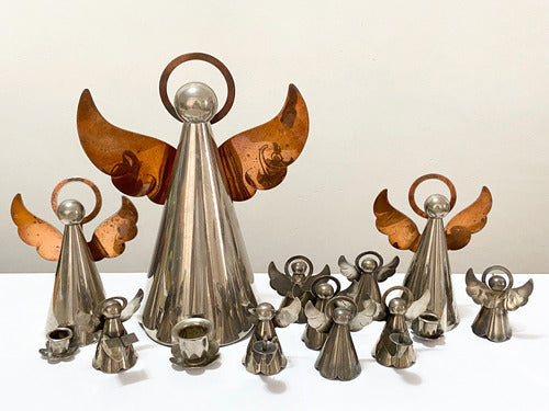 Conjunto Suporte Porta Vela antigo Anjos Banho Prata E Cobre