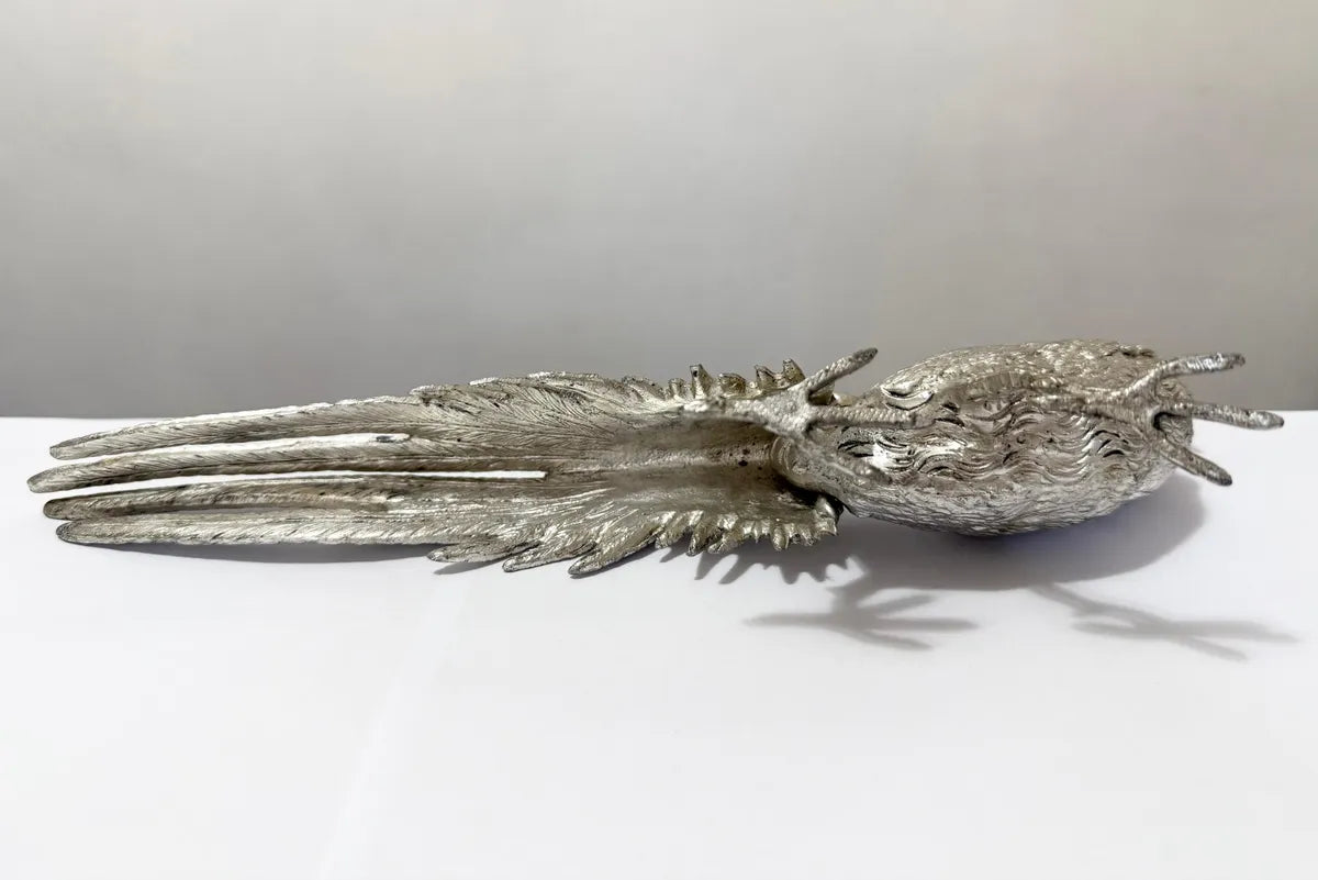Escultura Faisão Antigo Em Alumínio Prateado 30x12cm