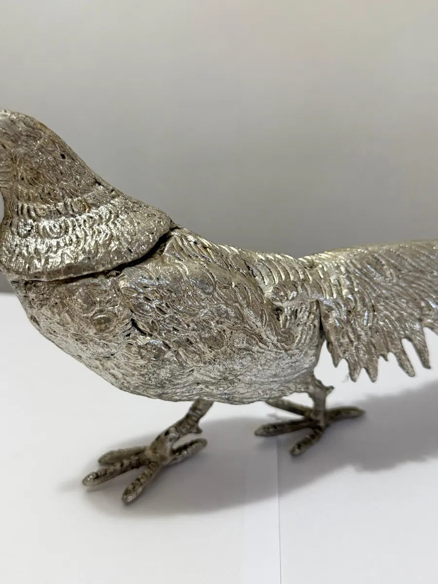 Escultura Faisão Antigo Em Alumínio Prateado 30x12cm