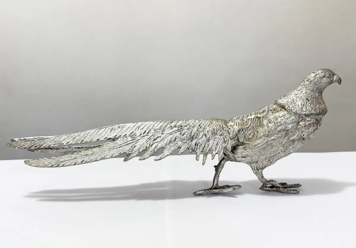 Escultura Faisão Antigo Em Alumínio Prateado 30x12cm