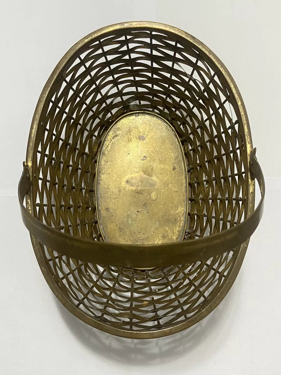 Cesta Antiga Dourada Oval Com Alça Em Metal