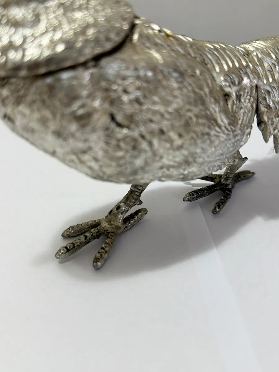 Escultura Faisão Antigo Em Alumínio Prateado 30x12cm
