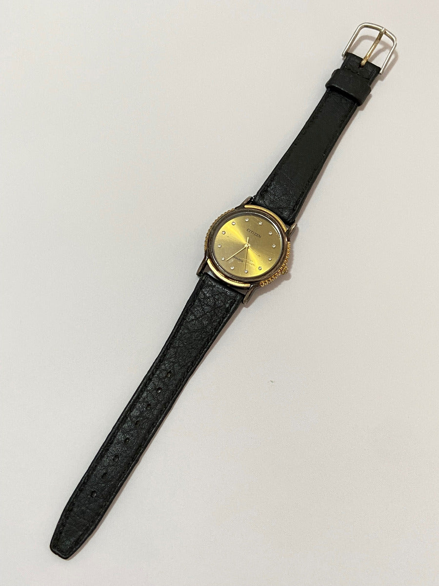 Relógio Antigo Citizen Quartz Dourado Pedras Pulseira Couro Preto
