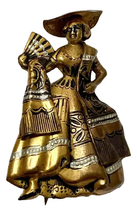 Broche Antigo Dourado Dama Com Leque