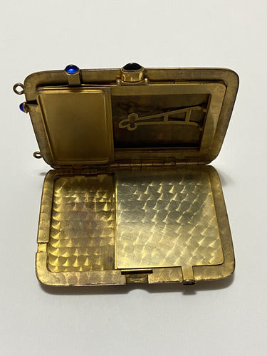 Porta Maquiagem Antigo Metal Dourado E Pedra Azul W&h Co