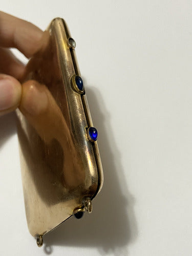 Porta Maquiagem Antigo Metal Dourado E Pedra Azul W&h Co