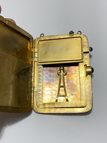 Porta Maquiagem Antigo Metal Dourado E Pedra Azul W&h Co