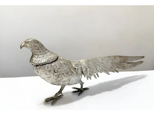 Escultura Faisão Antigo Em Alumínio Prateado 30x12cm