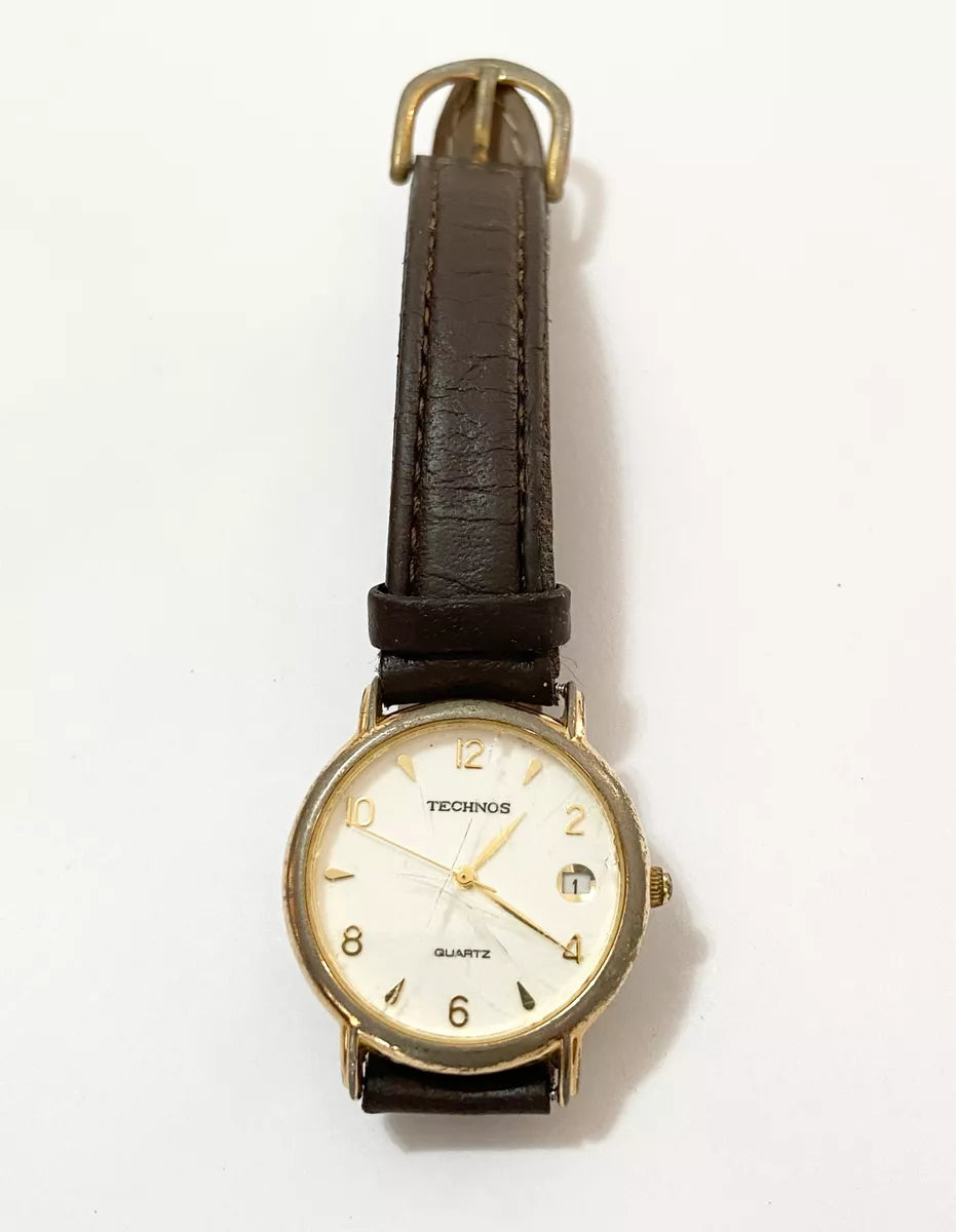 Relógio Antigo Technos Quartz Dourado Pulseira Couro Preta Dourado