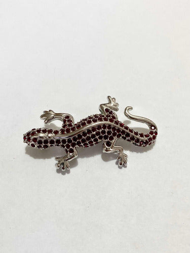 Broche Antigo Lagarto Prata Com Cristais Vermelhos Vienna