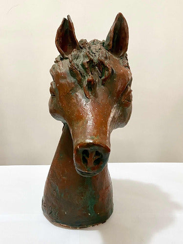 Escultura Antiga Cabeça De Cavalo Em Cerâmica Assinada 1998