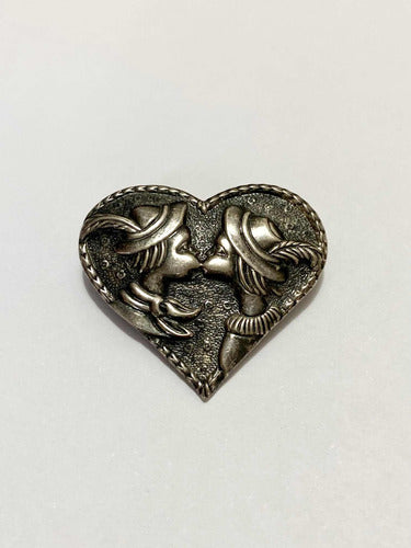 Antigo Broche Coração Beijo Cor Prata