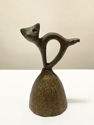 Antiga Sineta Em Bronze Em Formato De Gato