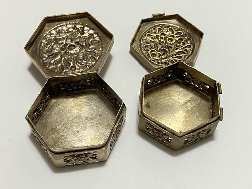 Antiga Caixa Porta Joias Hexagonal Com Desenho Flores Prata