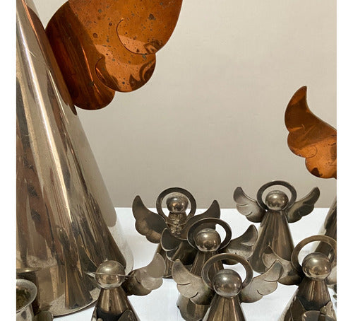 Conjunto Suporte Porta Vela antigo Anjos Banho Prata E Cobre