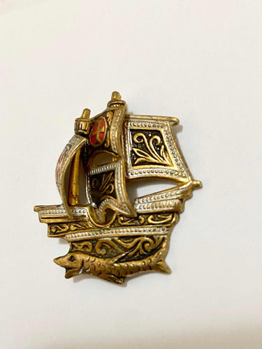 Broche Antigo Navio Dourado Damasceno Espanha
