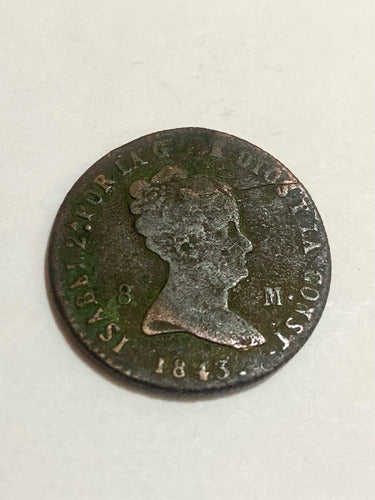 Antiga Moeda 1843 Espanha 8 Maravedis Rainha Isabela Ii
