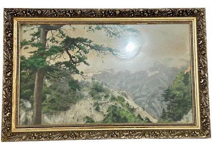 Quadro Antigo Montanhas Em Tecido - Moldura Dourada