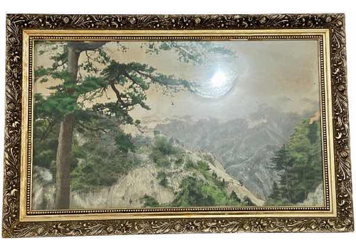 Quadro Antigo Montanhas Em Tecido - Moldura Dourada