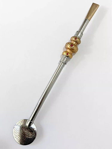 Bomba Para Chimarrão Antiga Em Metal Com Zirconia Vermelha