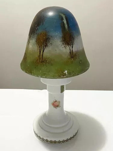 Luminária Antiga Opalina Pintada À Mão Paisagem