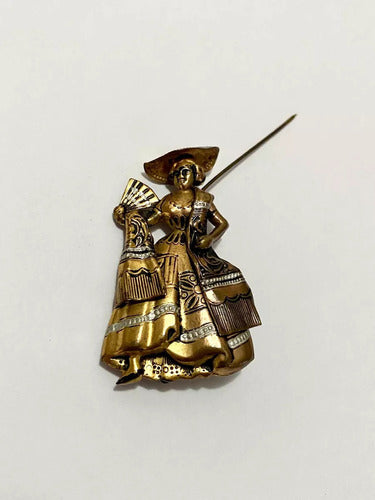 Broche Antigo Dourado Dama Com Leque