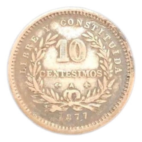Moeda Antiga 1877 Uruguai 10 Centesimos Prata