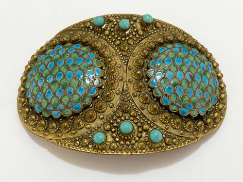 Fivela De Cinto Antiga Dourado Com Pedras Turquesa