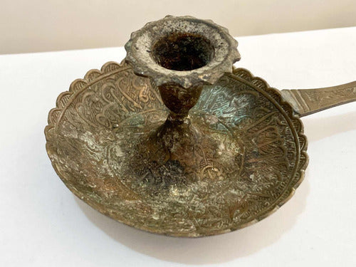 Castiçal Porta Vela Antigo Palmatória Em Bronze