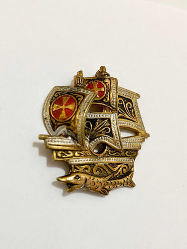 Broche Antigo Navio Dourado Damasceno Espanha