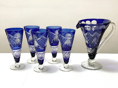 Conjunto Antigo Cristal Azul Lapidado Jarra + 5 Copos