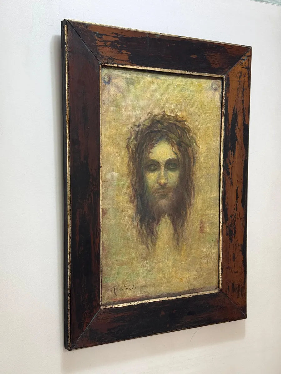 Quadro Antigo Cristo Coroa De Espinhos Pintura Ost Assinada