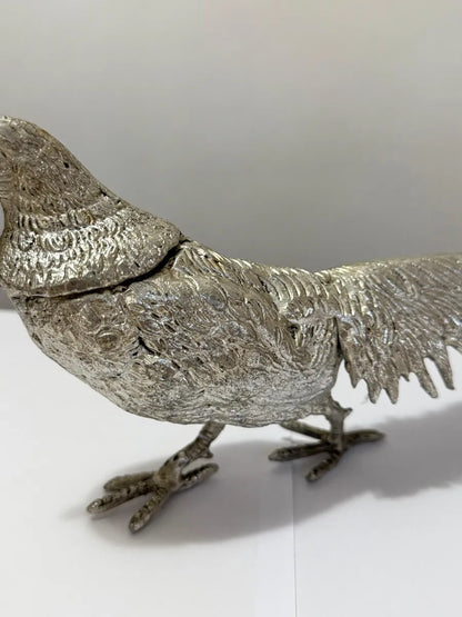 Escultura Faisão Antigo Em Alumínio Prateado 30x12cm