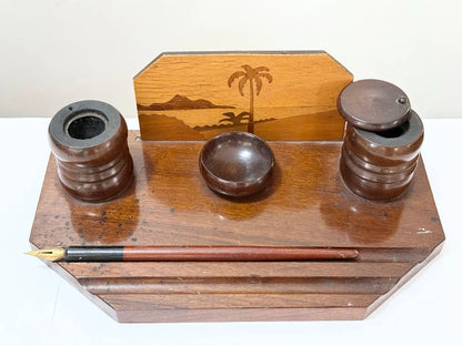 Tinteiro Antigo Em Madeira Marchetaria Completo Com Caneta