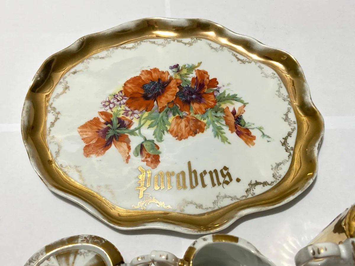 Jogo De Chá Antigo Porcelana Dourada Parabéns