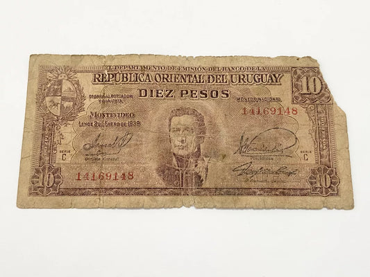 Cédula Antiga Uruguai 1939 10 Pesos