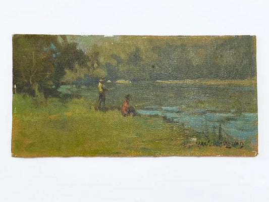 Pintura Antiga Paisagem Com Pescadores - Óleo Sobre Tela