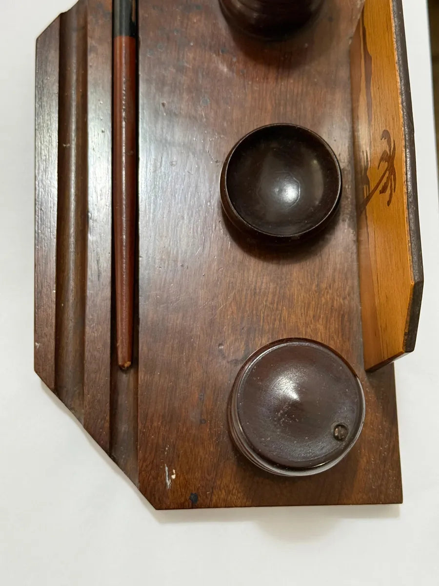 Tinteiro Antigo Em Madeira Marchetaria Completo Com Caneta