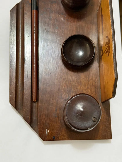 Tinteiro Antigo Em Madeira Marchetaria Completo Com Caneta