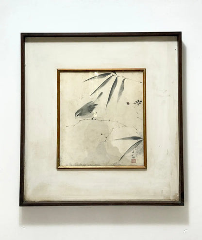 Quadro Antigo Pintura Oriental Em Nanquim - Pássaro E Bambu