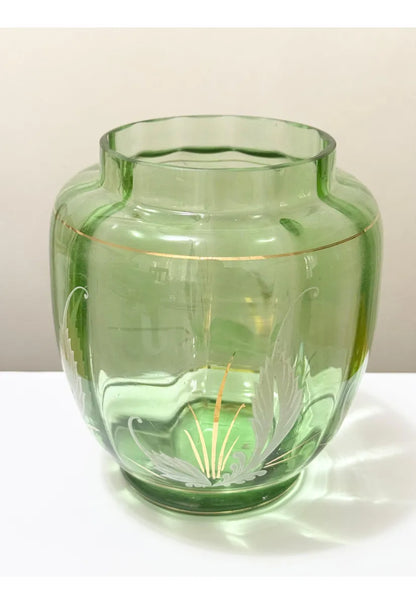 Vaso Antigo Em Vidro Verde Com Detalhes Dourados Verde
