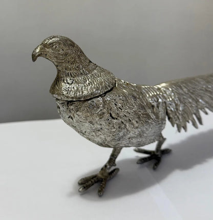 Escultura Faisão Antigo Em Alumínio Prateado 30x12cm