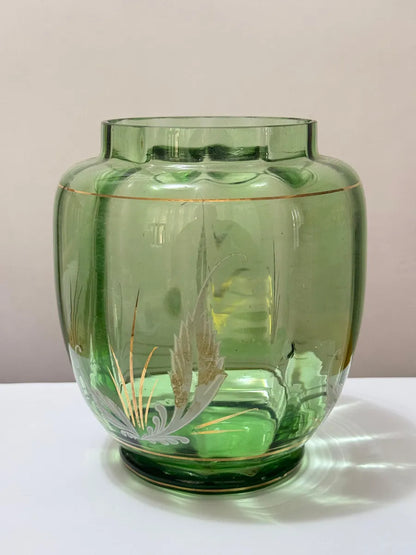 Vaso Antigo Em Vidro Verde Com Detalhes Dourados Verde