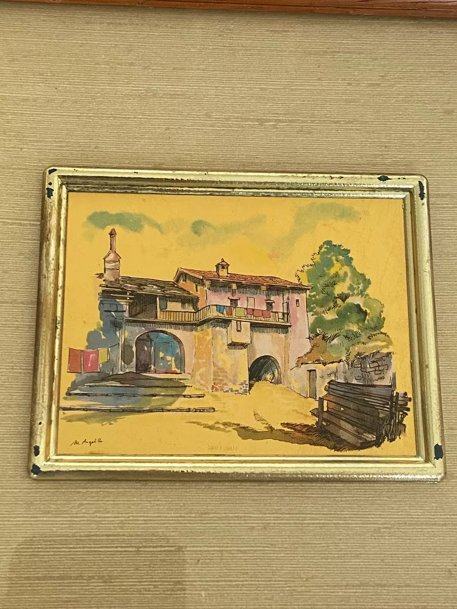 Quadro Cromolitografia Brunaccio Paisagem Em Folha De Ouro