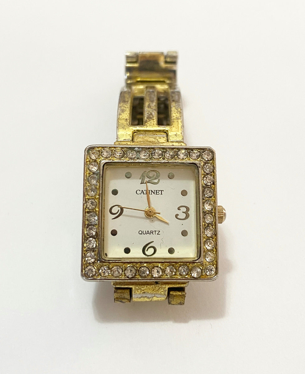 Relógio Antigo Catinet Quartz Com Pedras Quadrado Dourado
