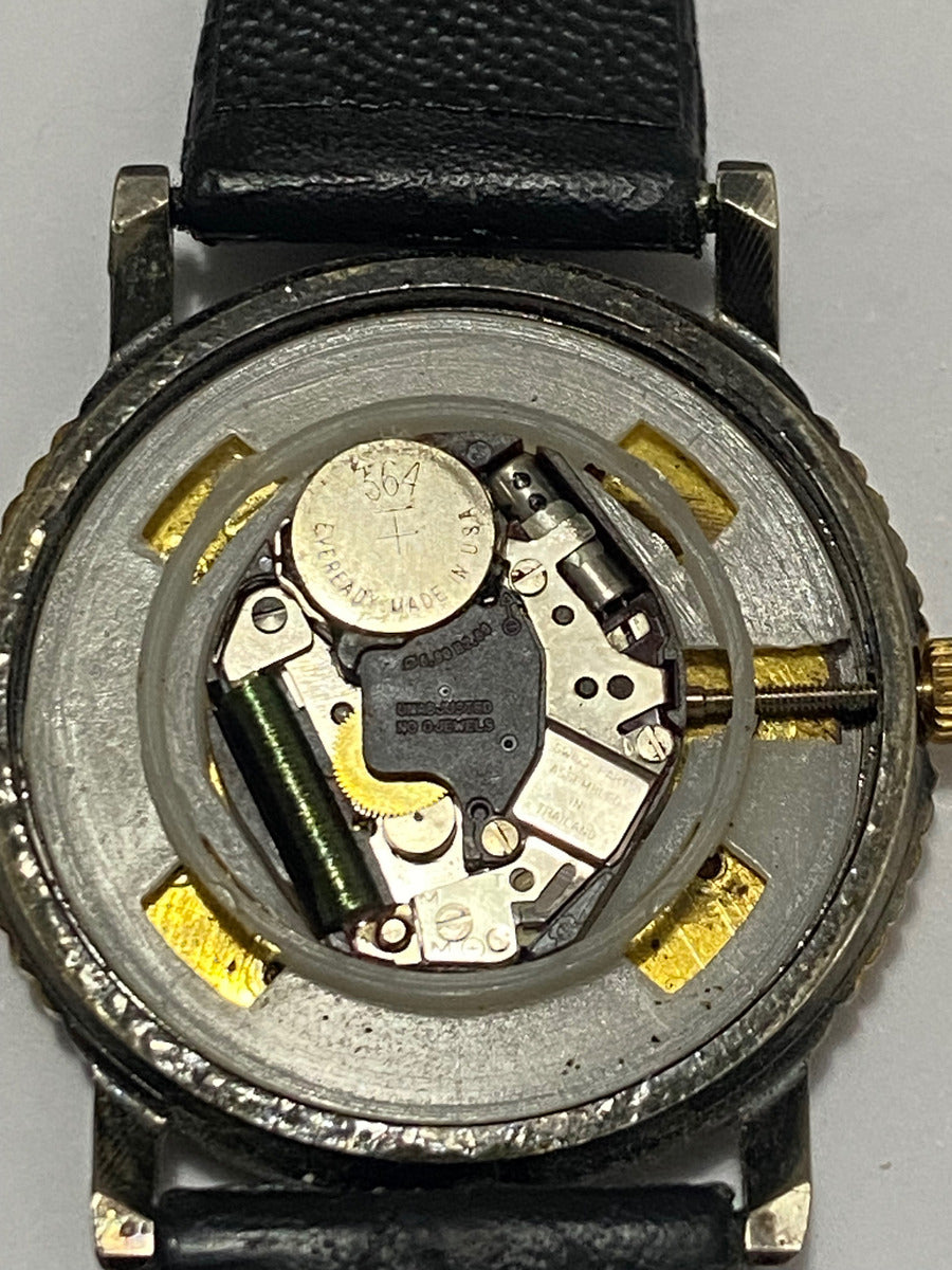 Relógio Antigo Citizen Quartz Dourado Pedras Pulseira Couro Preto